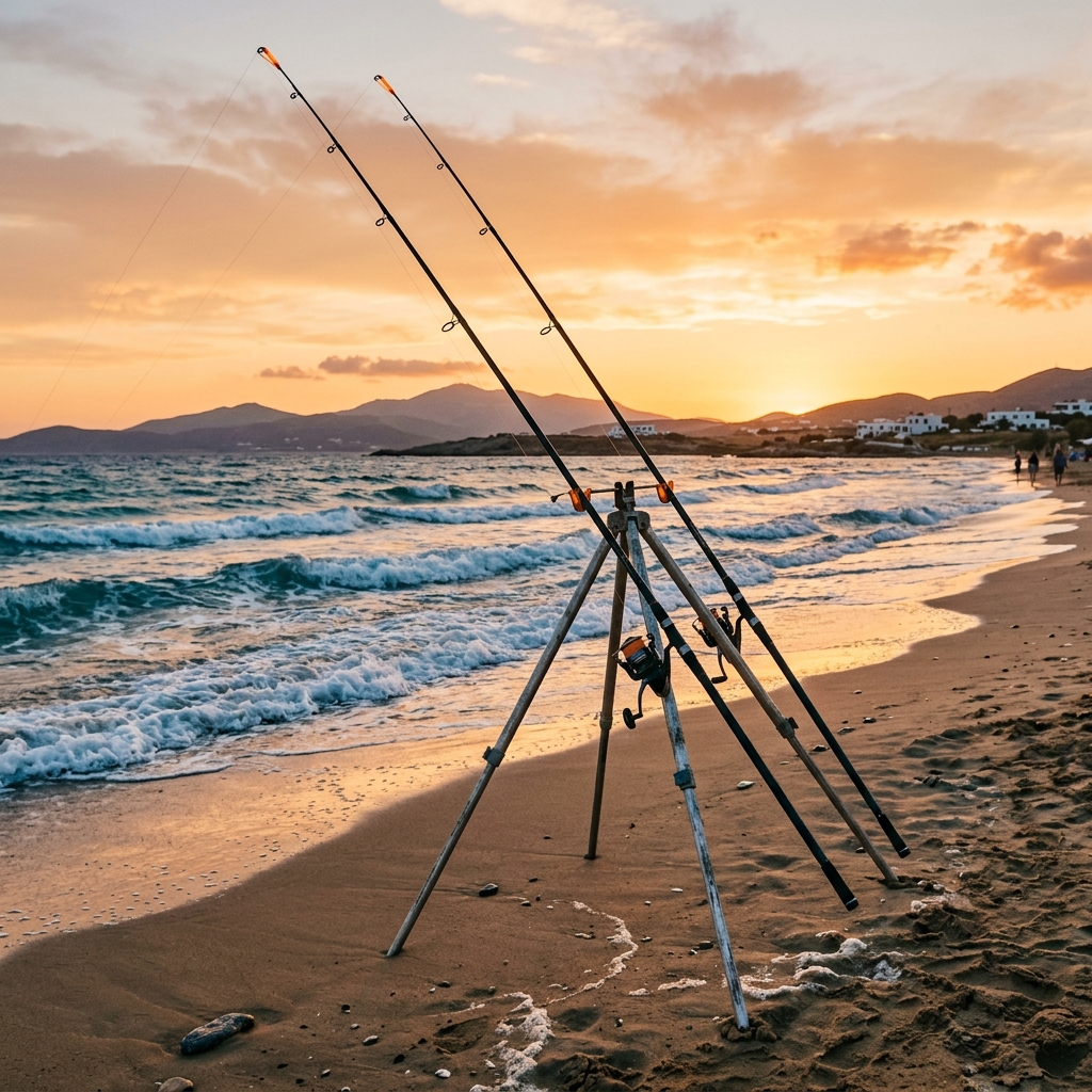 Surfcasting στην παραλία κατά το ηλιοβασίλεμα